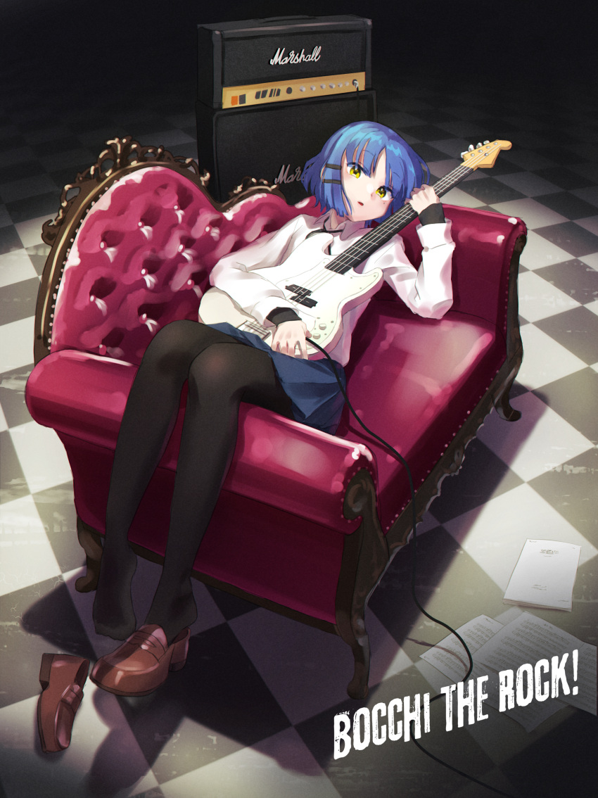 1girl absurdres amplifier bass_guitar black_pantyhose blue_hair blue_skirt bocchi_the_rock! brown_footwear checkered_floor commentary_request copyright_name couch hair_ornament hairclip highres holding holding_instrument instrument looking_at_viewer lounging marshall_amplification on_couch pantyhose pleated_skirt sakoku_(rh_ty_ks) scattered_paper sheet_music shirt shoes single_shoe skirt unworn_shoes white_shirt yamada_ryo yellow_eyes