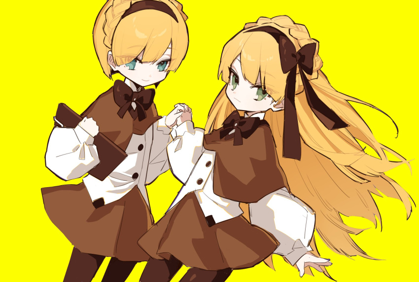 1boy 1girl blue_eyes bow bow_hairband bowtie braid brown_bow brown_bowtie brown_capelet brown_hairband brown_pantyhose brown_skirt buttons capelet closed_mouth cowboy_shot crown_braid green_eyes hair_bow hairband highres lob_juice lobotomy_corporation long_hair long_sleeves pantyhose project_moon puffy_long_sleeves puffy_sleeves shirt short_hair simple_background skirt smile tiphereth_a_(project_moon) tiphereth_b_(project_moon) very_long_hair white_shirt yellow_background