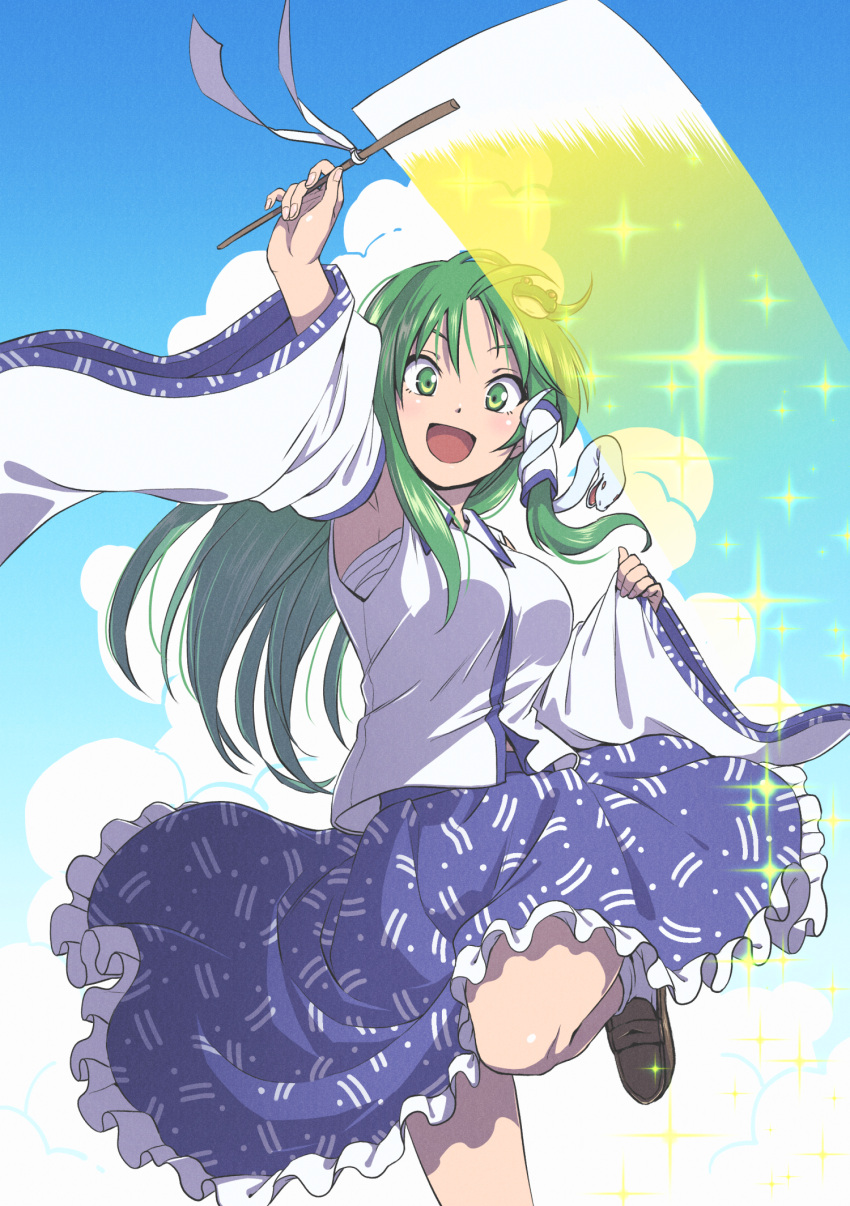 1girl bare_shoulders black_footwear blue_skirt detached_sleeves foot_out_of_frame frilled_skirt frills frog_hair_ornament gohei green_eyes green_hair hair_ornament hair_tubes highres holding holding_gohei inuno_rakugaki japanese_clothes kochiya_sanae long_hair nontraditional_miko open_mouth shoes skirt smile snake_hair_ornament socks solo touhou white_sleeves white_socks wide_sleeves