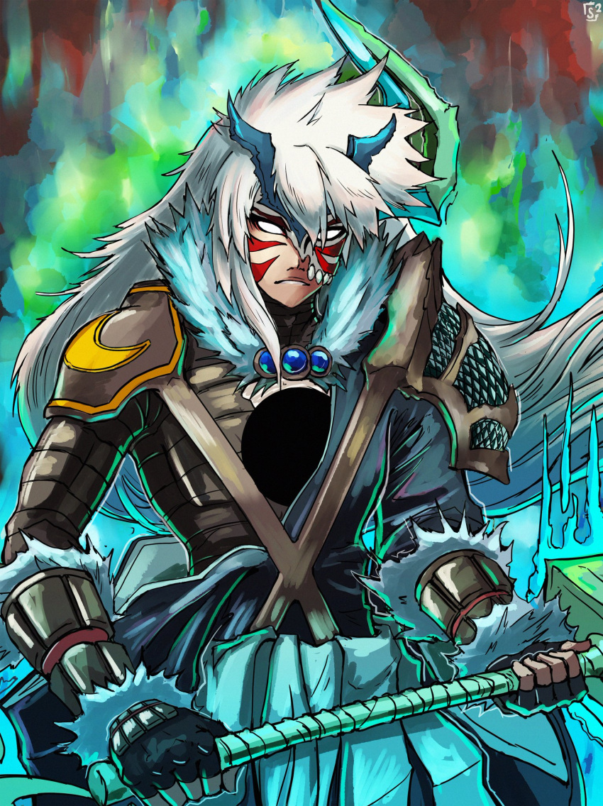 alternate_costume alternate_hair_color alternate_hair_length alternate_hairstyle arm_guards armor aura black_hole bleach blue_gemstone corruption crescent crossover dark_persona facial_tattoo fierce_deity fingerless_gloves frown gem gloves half_mask hammer highres holding holding_weapon hole hole_on_body hollow_(bleach) hollow_ichigo kurosaki_ichigo long_hair looking_at_viewer male_focus mask no_pupils pauldrons possessed shoulder_armor stoic_seraphim tattoo the_legend_of_zelda the_legend_of_zelda:_majora's_mask weapon white_hair