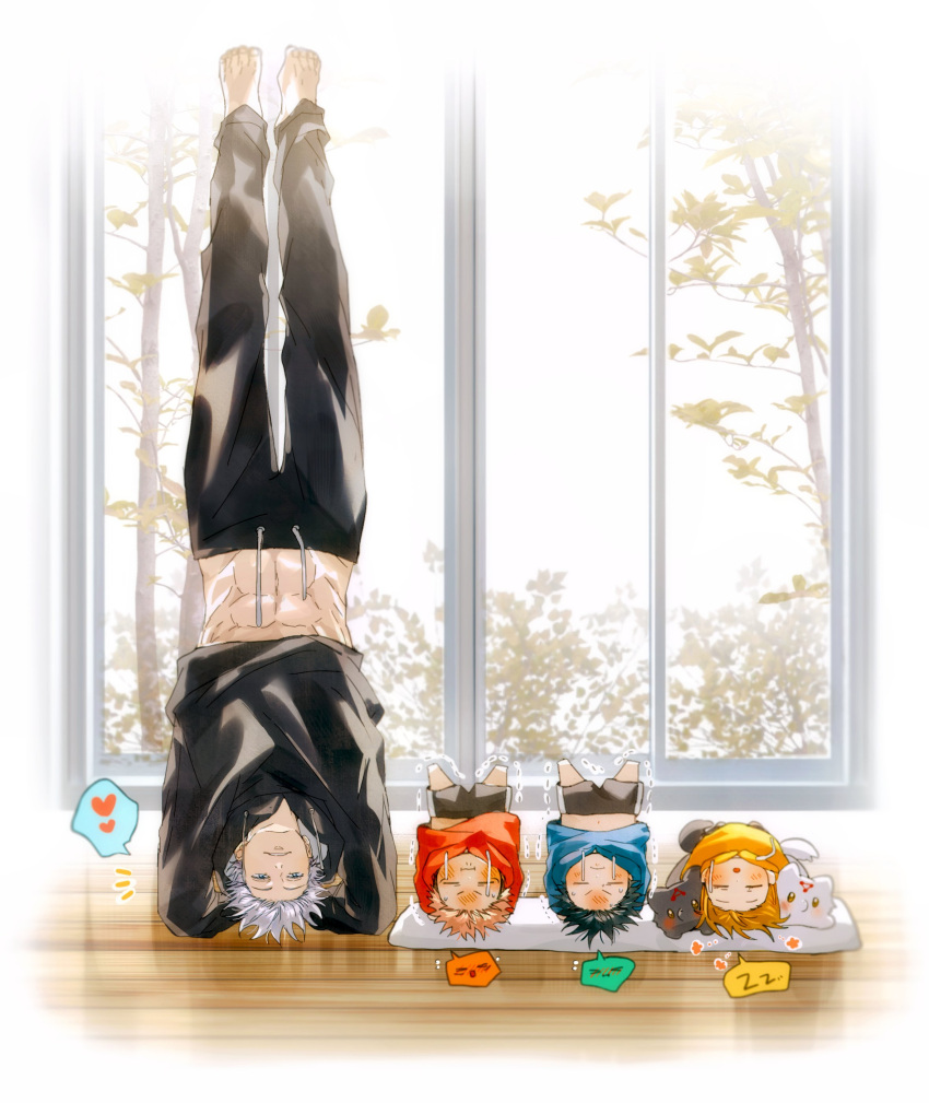 1girl 3boys :i :o abs absurdres aged_down barefoot black_hair black_jacket black_pants black_shorts bloom blue_eyes blue_hoodie blush brown_hair child drawstring feet flower_(symbol) frown fushiguro_megumi gojou_satoru handstand heart highres hood hoodie indoors itadori_yuuji jacket jujutsu_kaisen kugisaki_nobara long_sleeves lying medium_hair multiple_boys notice_lines on_back open_mouth pants parted_lips pink_hair red_hoodie short_hair shorts sleeping speech_bubble spoken_expression spoken_heart sweat toes tree trembling upside-down v-shaped_eyebrows white_hair window wooden_floor yellow_hoodie yoon_(dmsco1803) zzz