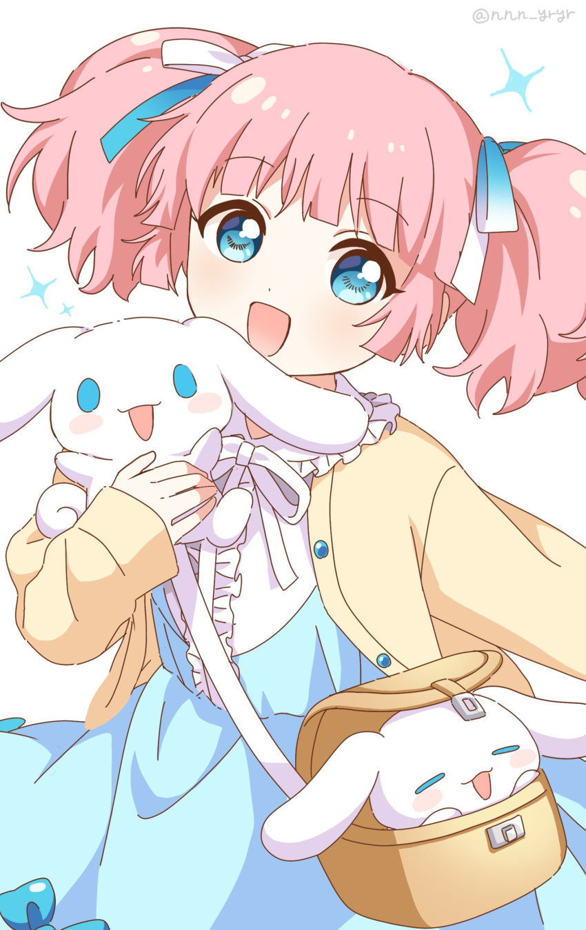 1girl :d absurdres alternate_costume bag blue_dress blue_eyes blush cinnamoroll collar commentary_request creature crossover dress frilled_collar frills hair_ribbon highres holding holding_creature jacket long_sleeves looking_at_viewer nnn_yryr open_mouth pink_hair ribbon sanrio smile solo sparkle stuffed_animal stuffed_toy twintails twitter_username white_collar white_ribbon yellow_jacket yoshikawa_chinatsu yuru_yuri