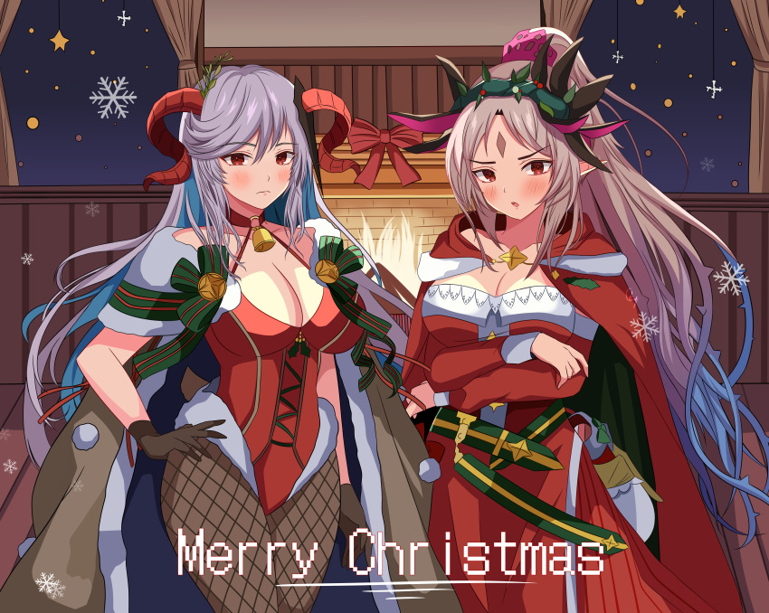 2girls absurdres alternate_costume blush breasts brown_cape brown_gloves brown_pantyhose cape cecilia_(fire_emblem) cecilia_(fire_emblem)_(cosplay) cecilia_(winter)_(fire_emblem) christmas cleavage closed_mouth commentary commission cosplay crossed_arms curled_horns dress english_commentary facial_mark fire_emblem fire_emblem_heroes fishnet_pantyhose fishnets forehead forehead_mark freyja_(fire_emblem) fur-trimmed_cape fur-trimmed_dress fur_trim gloves goat_horns grey_hair hair_ornament hand_on_own_hip highres horns indoors large_breasts leotard long_hair manuela_casagranda manuela_casagranda_(cosplay) manuela_casagranda_(winter) marion_(marionette_ink) merry_christmas multiple_girls pantyhose plumeria_(fire_emblem) pointy_ears ponytail red_cape red_dress red_eyes red_horns red_leotard white_hair