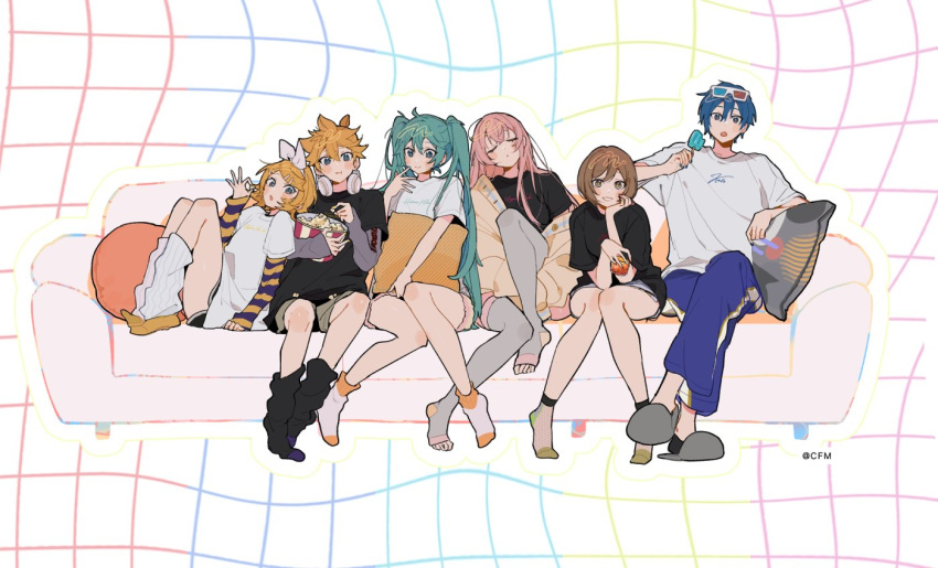 2boys 4girls alternate_costume aqua_hair black_shirt blonde_hair blue_eyes blue_hair blue_pants blush_stickers bow brown_hair closed_eyes closed_mouth commentary couch crossed_legs eating elbow_rest eyewear_on_head food full_body grey_thighhighs hair_between_eyes hair_bow hair_ornament hairclip hassan_(sink916) hatsune_miku head_on_another's_shoulder headphones headphones_around_neck holding holding_food holding_pillow kagamine_len kagamine_rin kaito_(vocaloid) knee_up knees_up light_blush long_hair long_sleeves looking_at_viewer megurine_luka meiko_(vocaloid) multiple_boys multiple_girls on_couch open_mouth pants pillow pink_hair popcorn shirt short_hair short_sleeves siblings sitting slippers socks symbol-only_commentary thighhighs toeless_footwear twins twintails very_long_hair vocaloid white_bow white_shirt white_socks