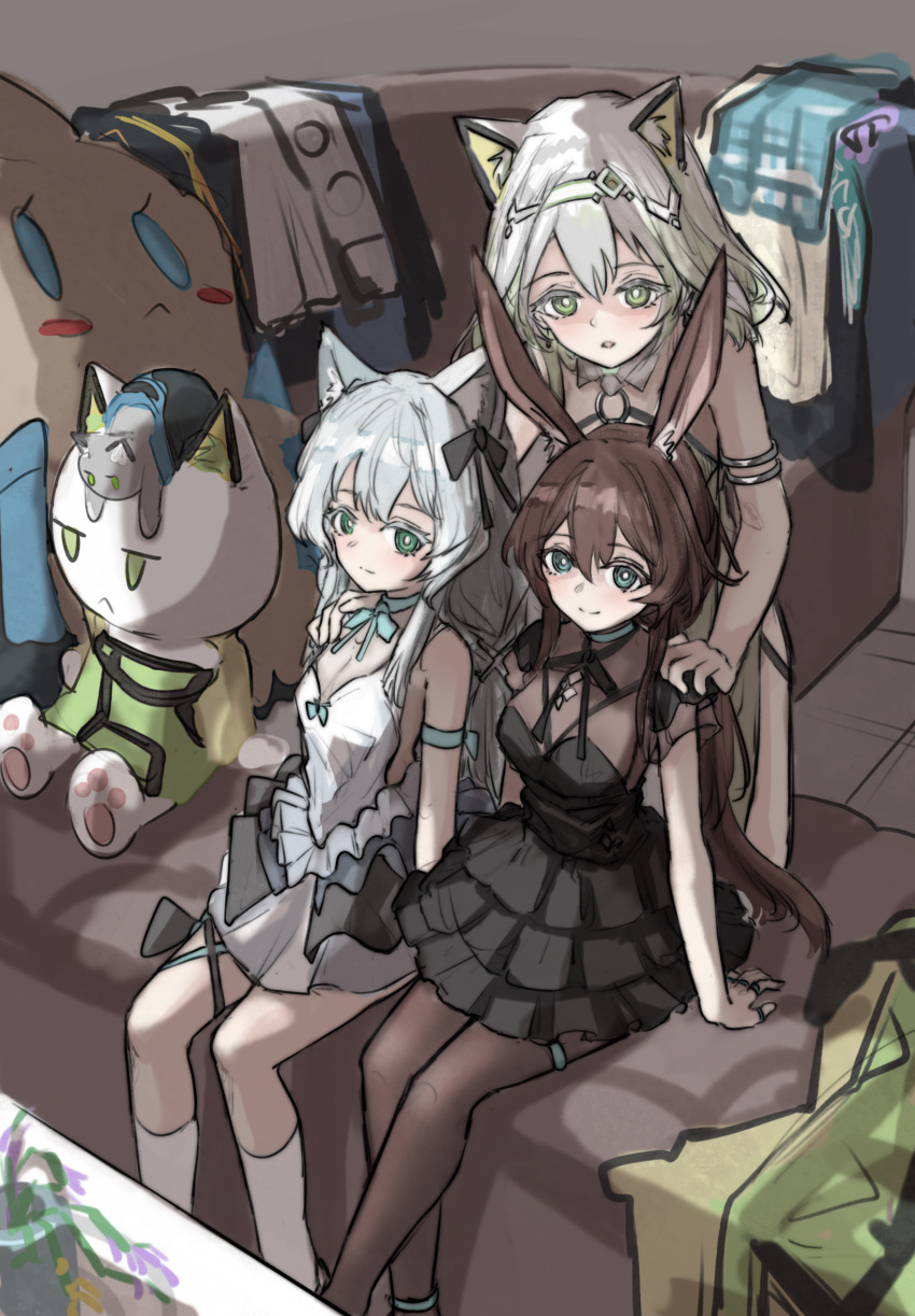 3girls alternate_costume amiya_(arknights) animal_ears arknights black_dress black_pantyhose blue_eyes blush breasts brown_hair cat_ears cat_girl choshanland_plushy_(arknights) cleavage couch dress green_eyes grey_hair hair_between_eyes hair_ornament highres jacket kal'tsit_(arknights) looking_at_viewer medium_breasts multiple_girls panties pantyhose parted_lips rabbit_ears rabbit_girl rosmontis_(arknights) short_sleeves sidelocks sitting sleeveless sleeveless_dress small_breasts socks underwear unworn_jacket unworn_shirt whate=3r white_dress white_hair white_panties white_socks