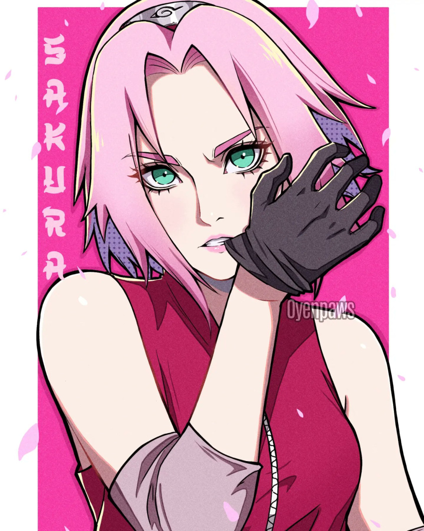 1girl black_gloves breasts commentary drawing english_commentary english_text forehead_protector gloves green_eyes haruno_sakura highres looking_at_viewer medium_hair mouth_hold naruto_(series) naruto_shippuuden oyenpaws pink_hair solo teeth