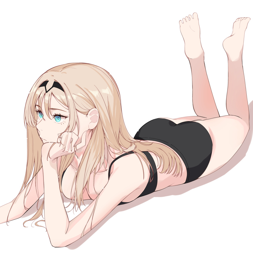 1girl absurdres an-94_(girls'_frontline) aqua_eyes ass barefoot black_bra black_hairband black_panties blonde_hair bra breasts feet feet_up girls'_frontline hair_ornament hairband hand_on_own_cheek hand_on_own_face head_rest highres kavni legs_up long_hair lying on_stomach panties shadow simple_background soles solo the_pose thighs toes underwear