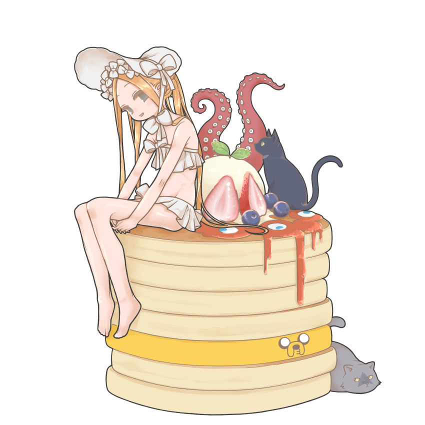 1girl abigail_williams_(fate) abigail_williams_(swimsuit_foreigner)_(fate) abigail_williams_(swimsuit_foreigner)_(third_ascension)_(fate) adventure_time barefoot bikini black_cat blueberry bonnet bow cat expo2025 fate/grand_order fate_(series) food forehead fruit green_eyes grey_cat highres jake_the_dog myaku-myaku oversized_object pancake pancake_stack parted_bangs parted_lips sitting strawberry swimsuit tentacles uewtsol white_bikini white_bow white_headwear