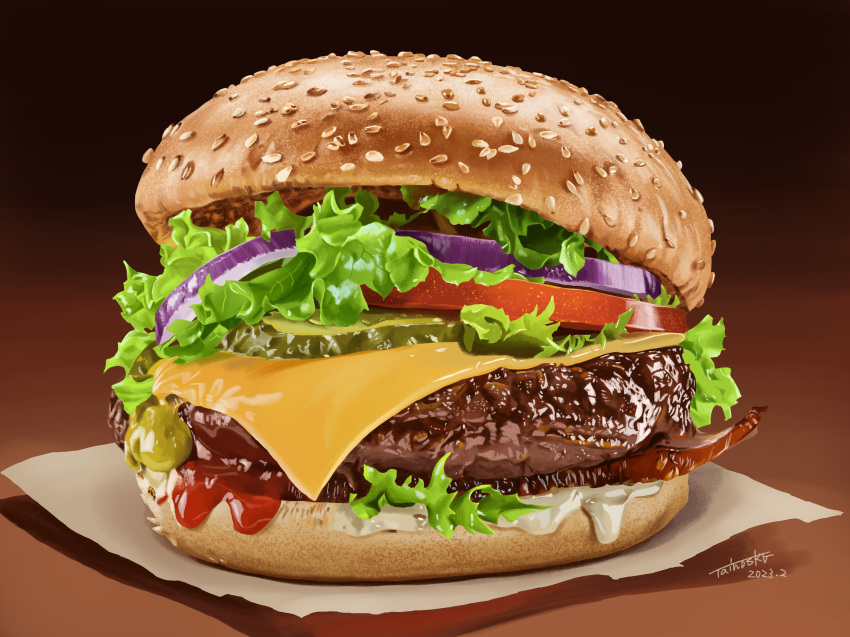 absurdres brown_background burger cheese dated food food_focus gradient_background highres ketchup lettuce meat no_humans onion original pickle sesame_seeds shadow signature still_life tainosuke tomato tomato_slice