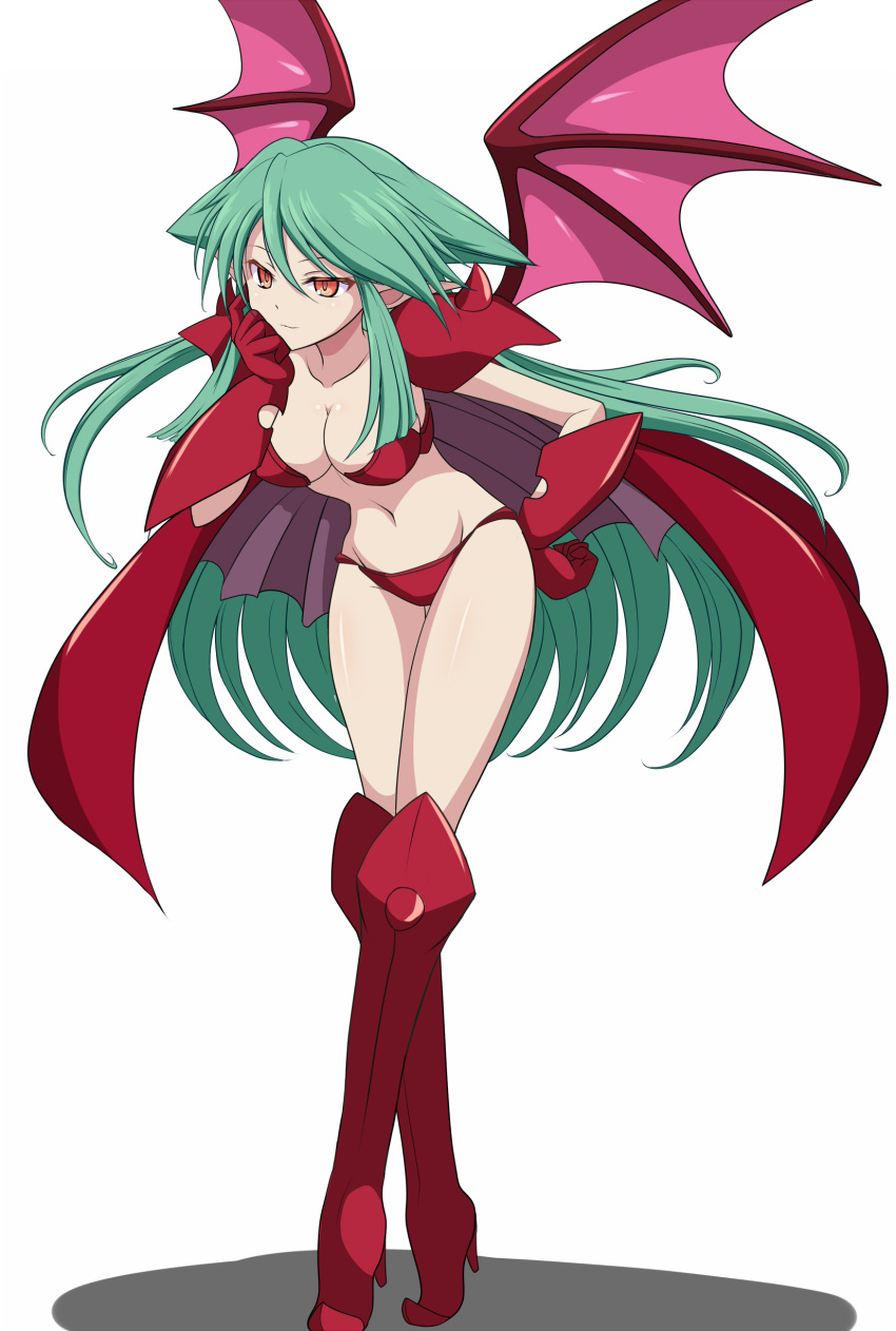 1girl absurdres armor bikini boots cape capelet clam_curry full_body green_hair hand_on_hip hand_up highres leaning_forward long_hair navel orange_eyes pointy_ears red_bikini red_cape red_footwear riviera shoulder_armor sidelocks solo swimsuit two_side_up very_long_hair white_background wings