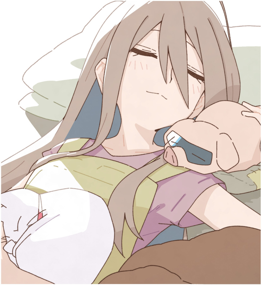 1girl ahoge apron brown_hair cat closed_eyes commentary_request do_it_yourself!! highres long_hair lying mature_female on_back pig pillow ri_6n short_sleeves sleeping solo yua_serufu's_mother