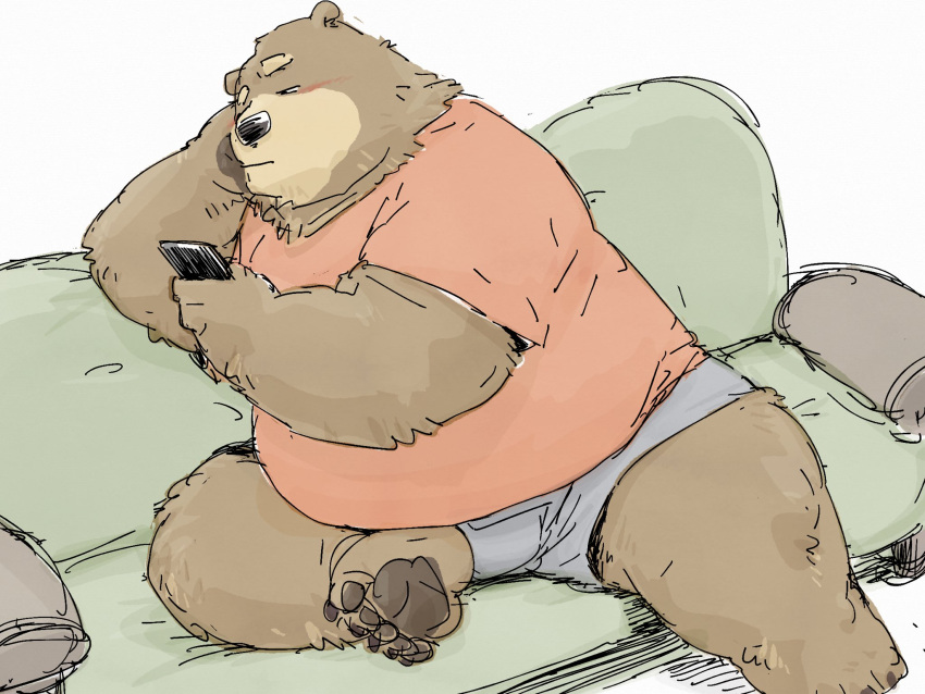 2023 anthro bear belly big_belly black_nose bottomwear brown_body cellphone clothing feet furniture hi_res kemono male mammal overweight overweight_male phone pommn_mn shirt shorts sitting smartphone sofa solo topwear