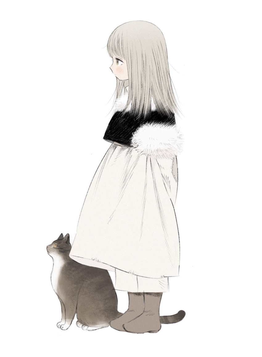 1girl aged_down animal arms_behind_back black_vest blunt_bangs cat child closed_mouth crop_top crop_top_overhang dress dungeon_meshi falin_thorden from_side frs2 full_body fur-trimmed_sleeves fur_trim grey_hair highres layered_sleeves long_hair long_sleeves looking_ahead pants profile sad short_over_long_sleeves short_sleeves simple_background standing vest white_background white_dress white_pants winter_clothes