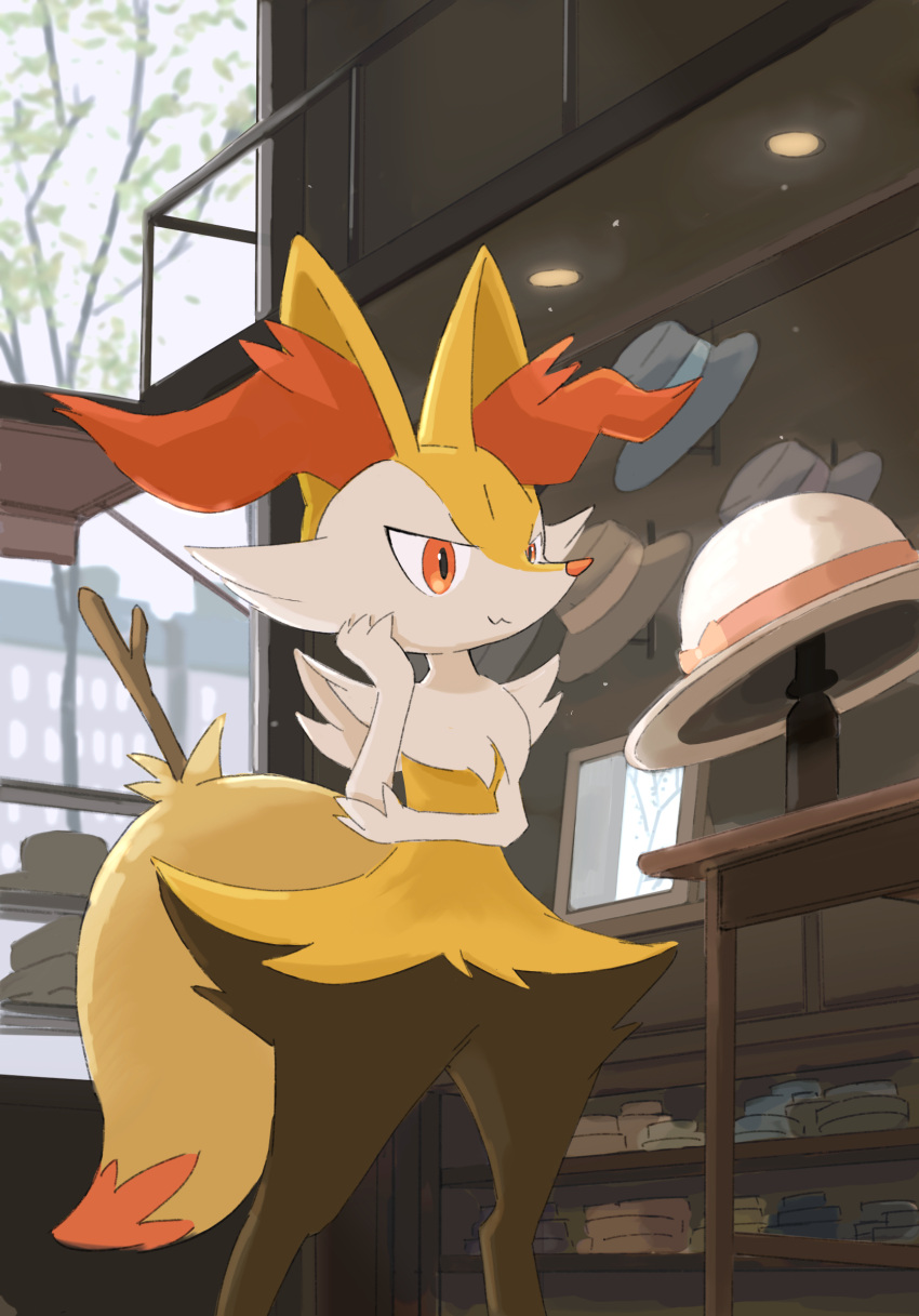 1other animal_ear_fluff braixen closed_mouth commentary_request furry hand_up hat hat_removed head_rest headwear_removed highres indoors momota_pix orange_eyes pokemon shelf shopping standing stick white_fur