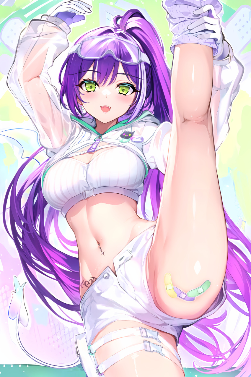 1girl absurdres arms_up ass bare_legs breasts cleavage cowboy_shot crop_top demon_tail fangs gloves green_eyes highres hololive kneehighs large_breasts leg_lift leg_up long_hair long_sleeves looking_at_viewer midriff navel official_alternate_costume open_fly open_mouth ponytail purple_hair ribbed_shirt see-through see-through_sleeves shirt short_shorts shorts shrug_(clothing) smile socks solo split standing standing_on_one_leg standing_split stomach stomach_tattoo sugiki tail tattoo thigh_strap thighs tokoyami_towa tokoyami_towa_(5th_costume) very_long_hair white_gloves white_shirt white_shorts white_socks