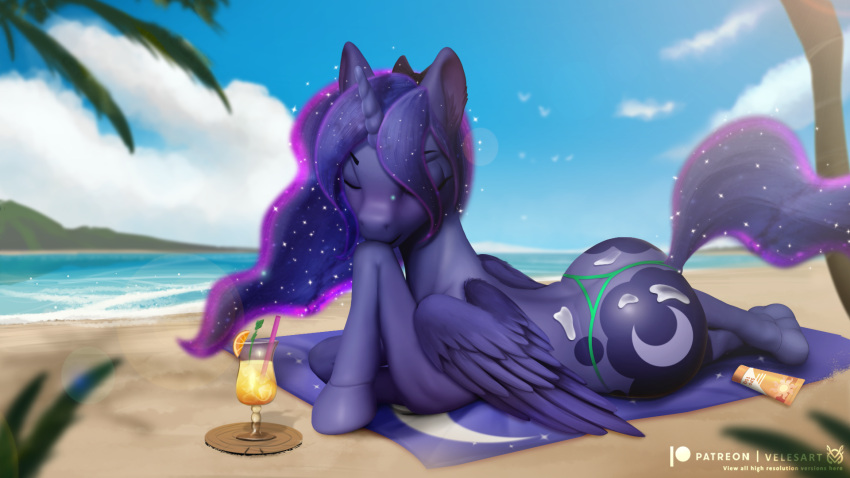 anatomically_correct beach equid equine female feral friendship_is_magic hasbro hi_res horn horse lotion mammal my_little_pony princess princess_luna_(mlp) royalty sea seaside solo summer velesart water winged_unicorn wings