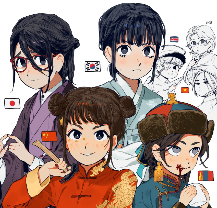 6+girls blood blue_hanbok blue_tunic blush bubble_tea china chinese_clothes double_bun earrings embroidery eyepatch eyeshadow glasses gold_trim hair_bun hammer hat highres index_fingers_together japan japanese_clothes jewelry kimono korea makeup mongolia multiple_girls nanimonothing north_korea original personification purple_kimono straw_hat tangzhuang traditional_clothes vietnam