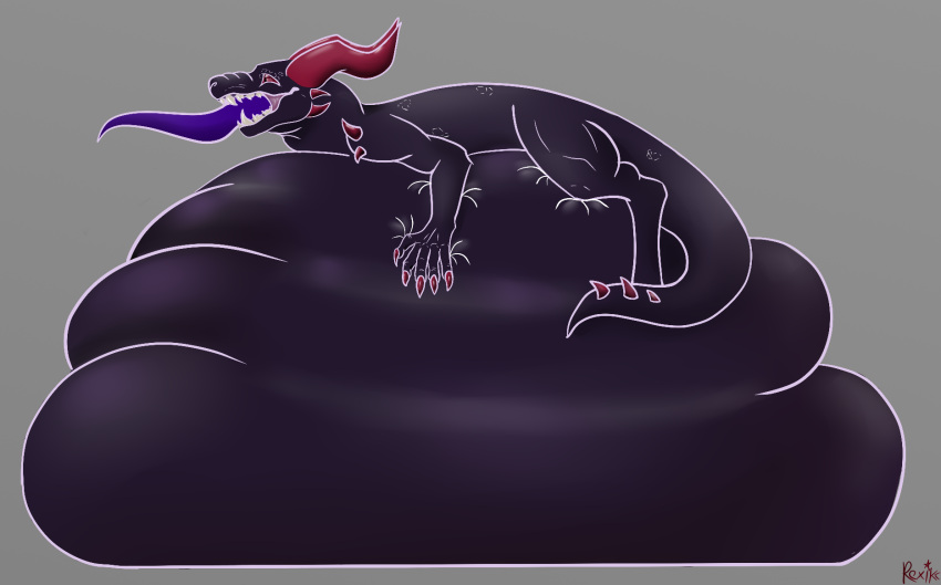 abdominal_bulge anthro belly biceps big_belly bigger_sub claws devourer_(razor_koopa) digital_media_(artwork) dragon fangs goo_creature goo_dragon goo_dripping hi_res hyper hyper_belly larger_prey lying male mouth_shot muscular muscular_anthro muscular_male neck_bulge open_mouth oral_vore purple_body red_eyes rexikc simple_background size_difference slime smaller_dom smaller_pred solo spiked_tail spikes spikes_(anatomy) swallowing tail tail_in_mouth teeth thick_thighs tongue vore