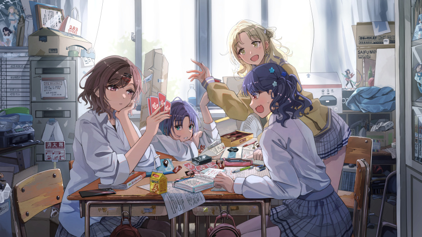 4girls ahoge asakura_toru black_hair brown_hair card chair classroom desk fangs flower fukumaru_koito gradient_hair hair_bun hair_flower hair_ornament hairclip highres higuchi_madoka ichikawa_hinana idolmaster idolmaster_shiny_colors long_hair long_sleeves miniskirt mole mole_under_eye multicolored_hair multiple_girls noctchill_(idolmaster) notebook open_mouth plaid plaid_skirt playing_card pleated_skirt purple_eyes sakatsuki_yakumo school school_chair school_desk school_uniform short_hair short_sleeves single_side_bun skin_fangs skirt sleeves_rolled_up store_room sweatdrop twintails window