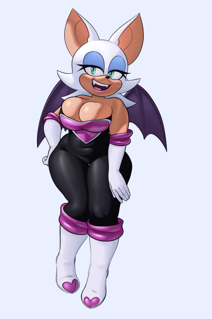 absurd_res anthro bat big_breasts breasts cleavage clothed clothing eyeshadow fangs female gloves green_eyes hair hand_on_hip handwear hi_res lipstick makeup mammal navel palegarbo rouge_the_bat sega smile smiling_at_viewer solo sonic_the_hedgehog_(series) teeth thick_thighs thigh_gap white_hair wings
