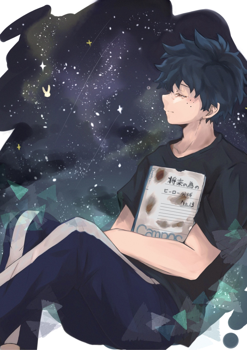 1boy absurdres black_shirt blue_pants boku_no_hero_academia closed_eyes closed_mouth cowboy_shot crying dark_green_hair freckles highres holding holding_notebook male_focus midoriya_izuku night night_sky notebook pants r1014-chopper shirt short_sleeves sitting sky solo star_(sky) starry_sky t-shirt tears