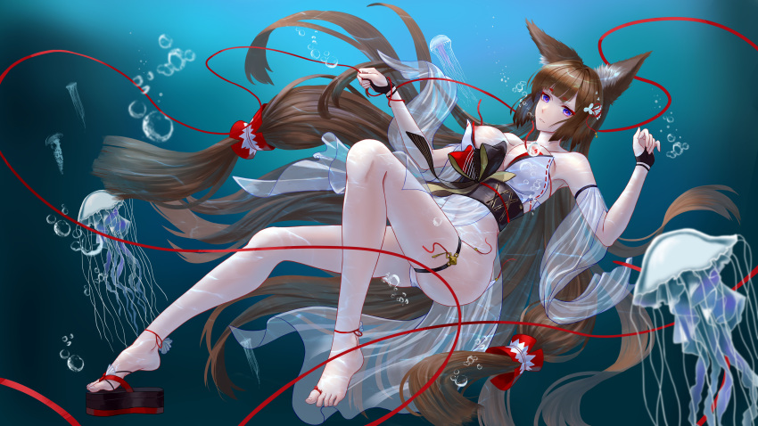 1girl absurdly_long_hair absurdres air_bubble amagi_(azur_lane) amagi_(wending_waters_serene_lotus)_(azur_lane) animal_ear_fluff animal_ears areola_slip azur_lane bikini black_sash breasts brown_hair brown_tail bubble cleavage fox_ears fox_girl frozen-sad highres jellyfish kitsune kyuubi large_breasts long_hair looking_at_viewer multiple_tails official_alternate_costume open_bikini open_clothes purple_eyes sash see-through solo string string_of_fate submerged swimsuit tail thick_eyebrows underwater very_long_hair white_bikini