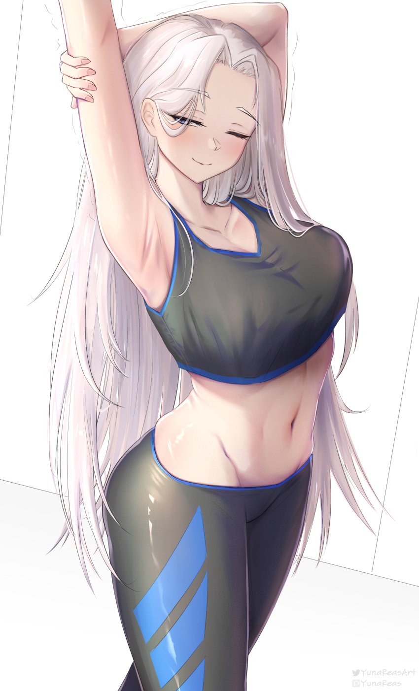 1girl absurdres arm_up armpits azur_lane black_sports_bra blue_eyes blush breasts cleavage half-closed_eyes highres large_breasts long_hair navel one_eye_closed pants parted_bangs skindentation smile solo sports_bra sportswear stomach stretching very_long_hair white_background white_hair yoga_pants yorktown_(azur_lane) yunareas