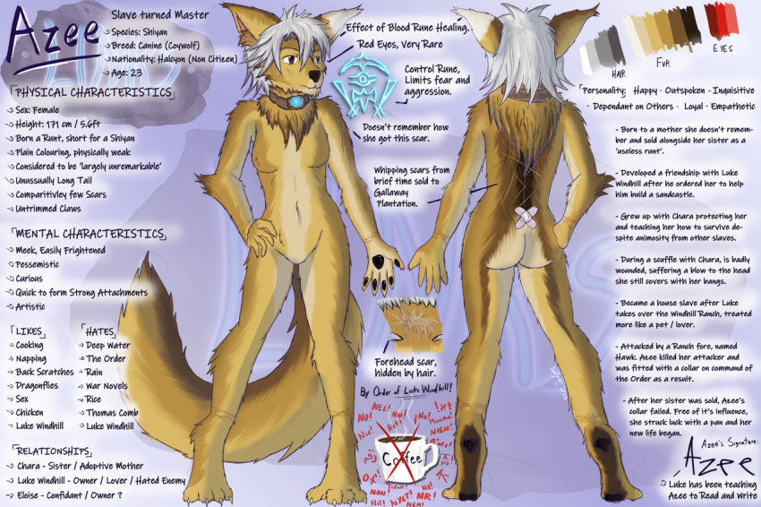 2022 anthro azee_(links) brown_body brown_fur canid canine canis collar colored cyote farfener female fur hair happy invalid_tag links mammal model_sheet predators red_eyes rune runes scar shiyan shooting short slave stealing text the_farfener white_hair wolf