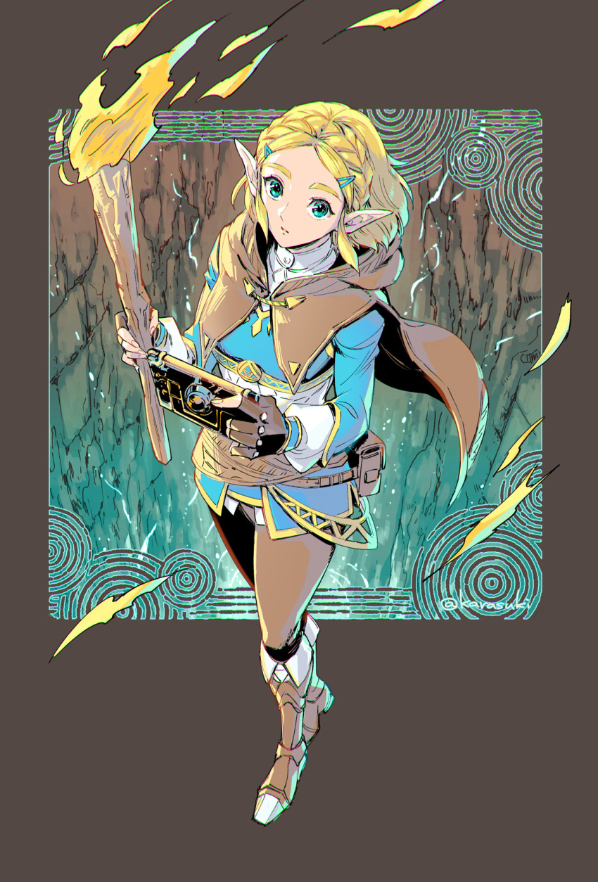 1girl aqua_eyes blue_shirt boots braid breasts brown_capelet brown_gloves brown_pants capelet fingerless_gloves fire from_above full_body gloves hair_ornament hairclip highres holding holding_torch long_sleeves looking_at_viewer medium_breasts pants parted_bangs pointy_ears princess_zelda shirt short_hair side_braid sidelocks solo tak_(karasuki) the_legend_of_zelda the_legend_of_zelda:_breath_of_the_wild the_legend_of_zelda:_tears_of_the_kingdom thick_eyebrows torch