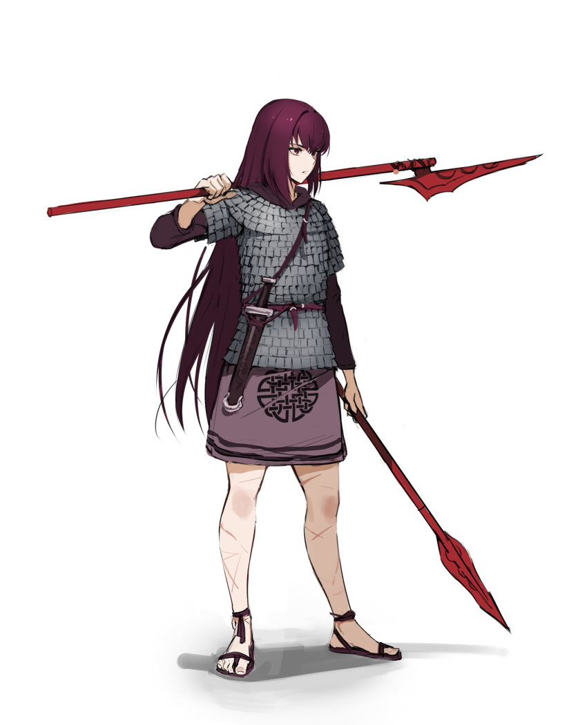 1girl alternate_weapon armor celtic celtic_knot duplicate fate/grand_order fate_(series) gae_bolg_(fate) highres holding holding_polearm holding_weapon jason_kim kilt polearm purple_hair red_eyes scabbard scar scathach_(fate) sheath short_sword spear sword weapon