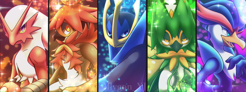 2023 absurd_res action_pose ambiguous_gender avian beak blaziken blue_body blue_feathers crown decidueye empoleon feathered_crest feathers flygon_yj focused generation_3_pokemon generation_4_pokemon generation_7_pokemon generation_9_pokemon group head_crest headgear hi_res hisuian_decidueye hisuian_form looking_at_viewer looking_away nintendo pokemon pokemon_(species) portrait pose quaquaval red_body red_feathers regional_form_(pokemon) small_waist sparkles standing white_body white_feathers wings