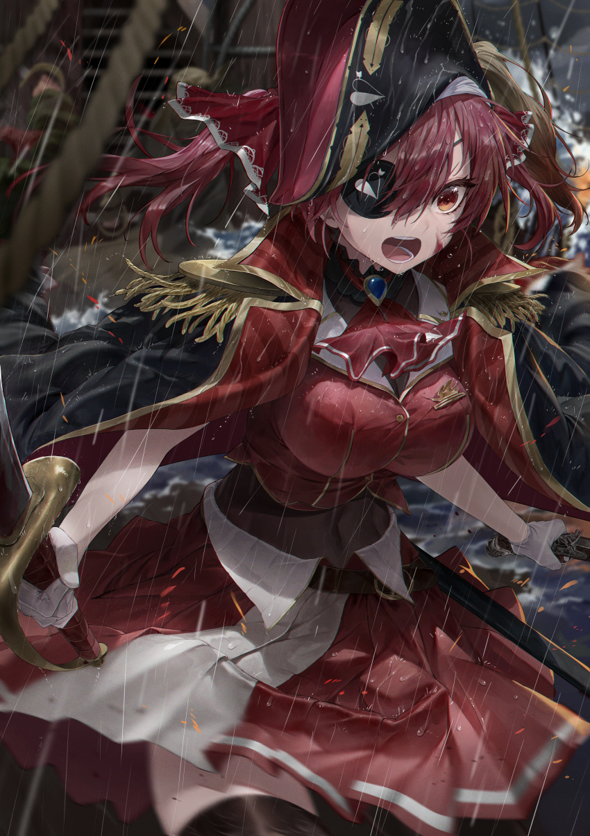 1girl absurdres arrow_through_heart ascot belt black_choker black_coat black_headwear black_thighhighs breasts brown_belt choker coat cropped_jacket eyepatch frilled_choker frills fudepenbrushpen gun hair_ribbon hat highres holding holding_gun holding_sword holding_weapon hololive houshou_marine houshou_marine_(1st_costume) jacket large_breasts leather_belt leotard leotard_under_clothes long_hair looking_at_viewer miniskirt open_mouth pirate_hat pirate_ship pleated_skirt rain red_ascot red_coat red_eyes red_hair red_jacket red_ribbon red_skirt ribbon skirt sleeveless sleeveless_jacket sword thighhighs twintails two-sided_coat two-sided_fabric virtual_youtuber water weapon white_thighhighs