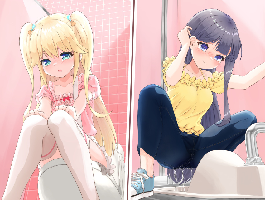 2girls absurdres aqua_eyes arm_up bathroom black_hair blonde_hair blue_eyes blue_footwear blue_pants blush bow breasts closed_mouth collarbone commentary_request commission cross-laced_footwear denim dress embarrassed flat_chest frilled_shirt frilled_shorts frills from_below fujisawa_yuzu hair_bow hair_flaps hand_up hands_on_own_knees highres indoors jeans knees_together_feet_apart leaning_forward long_hair looking_down misumi_aoi multiple_girls nose_blush off-shoulder_dress off_shoulder ongeki open_mouth pants pee peeing peeing_self pink_background pink_shirt puffy_short_sleeves puffy_sleeves raised_eyebrows shirt shirt_tucked_in shoes short_shorts short_sleeves shorts sidelocks sitting skeb_commission small_breasts spread_legs squat_toilet squatting suspender_shorts suspenders tears thighhighs tile_wall tiles toilet_stall toilet_use two_side_up urabe_miyabi wet_pants white_shorts white_thighhighs yellow_shirt