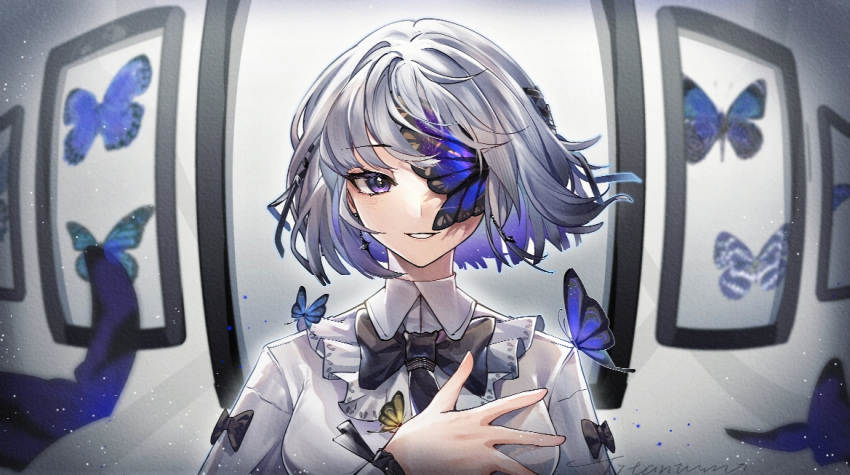 1girl black_bow black_bowtie blue_butterfly bow bowtie bug butterfly butterfly_wings chinese_commentary collar collared_shirt colored_inner_hair commentary eyepatch fisheye frilled_collar frilled_shirt frills grey_hair hair_bow hair_over_one_eye hand_on_own_chest light_particles looking_at_viewer multicolored_hair one_eye_covered picture_frame portrait punishing:_gray_raven purple_eyes purple_hair shirt short_hair signature smile solo straight-on vanessa_(punishing:_gray_raven) white_shirt wings yan_bai_tai yellow_butterfly