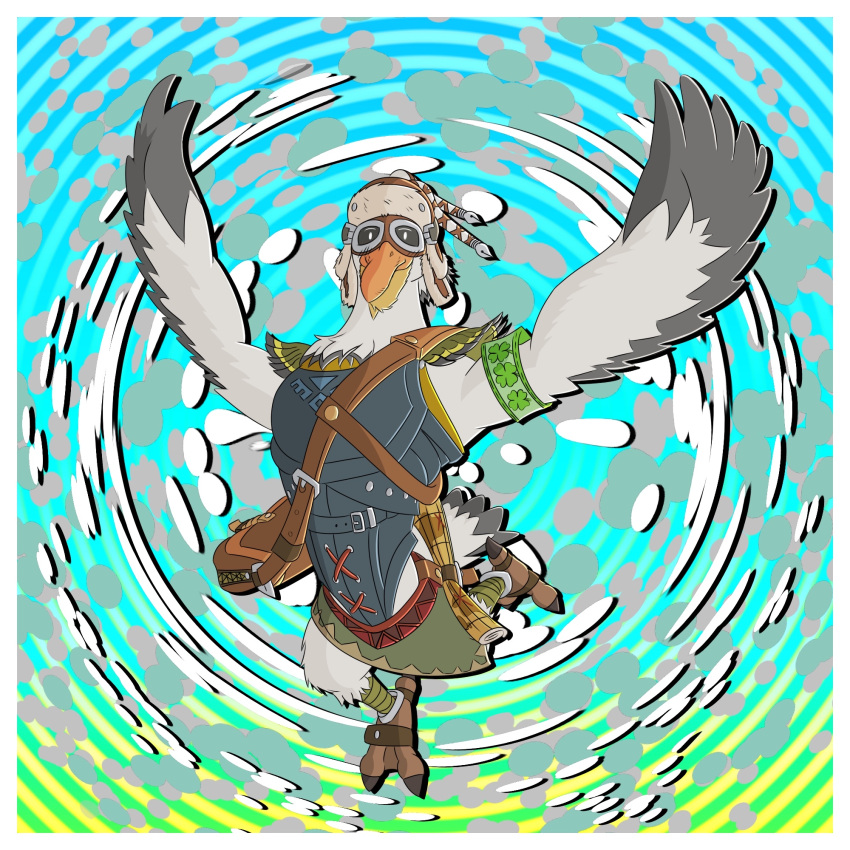 accessory anthro avian bag bird clothing eyewear feathers flying fur gear glasses gradient_background hi_res humanoid male male_focus map muscular muscular_male nintendo penn_(tloz) rito simple_background solo solo_focus tears_of_the_kingdom the_legend_of_zelda vaggo white_body white_fur