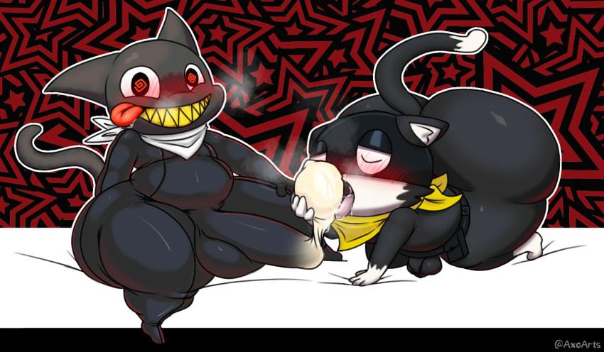 all_fours anthro atlus axoarts balls bandanna belt beta_design beta_morgana_(persona) big_butt big_penis black_body black_bodysuit black_clothing black_eyes black_fur black_suit black_tail blush blush_lines bodily_fluids bodysuit butt clothed clothing condom cum digital_media_(artwork) domestic_cat duo eyes_closed felid feline felis filled_condom fur genital_fluids genitals hi_res kerchief licking looking_at_viewer looking_pleasured male male/male mammal mask megami_tensei megami_tensei_persona morgana_(persona) nude pattern_background penis rubber rubber_clothing rubber_suit saliva sega sexual_barrier_device sharp_teeth simple_background sitting skinsuit smile spiral_eyes star-shaped_background suit sweat tail teeth thick_thighs tight_clothing tongue tongue_out tuxedo_cat two_tone_tail white_bandanna white_kerchief white_tail yellow_bandanna yellow_kerchief yellow_teeth