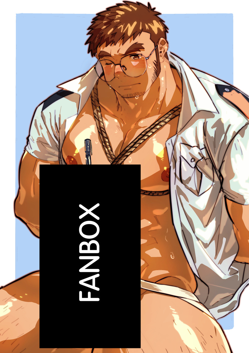 1boy abs absurdres arms_behind_back bara bare_pectorals bdsm between_pectorals blush bondage bound brown_hair censored collared_shirt facial_hair forked_eyebrows glasses hair_over_one_eye highres jockstrap large_pectorals leg_hair long_sideburns male_focus male_underwear mature_male muscular muscular_male nipples no_pants omedemidori open_clothes open_shirt original paid_reward_available pectorals pen police police_uniform rope round_eyewear shirt short_hair sideburns solo stubble sweat thick_eyebrows thick_thighs thighs underbust underwear uniform urethral_insertion yaoi