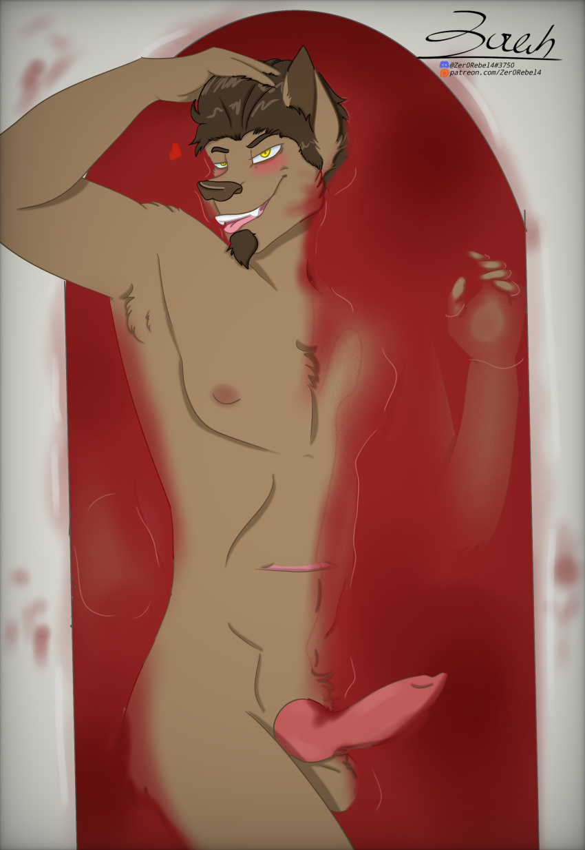 &lt;3 2023 absurd_res alien animal_genitalia animal_penis anthro aviarian_wolf balls bath bathing bathing_in_blood bathtub bedroom_eyes blood blush bodily_fluids brandon_(zer0rebel4) brown_body brown_fur brown_hair canid canine canine_genitalia canine_penis custom_species digital_media_(artwork) discord_(app) fur genitals gore hair hand_on_hair hi_res high-angle_view looking_at_viewer male mammal marsupial mature_male narrowed_eyes nipples nude patreon penis pouch_(anatomy) seductive solo text tongue tongue_out url yellow_eyes zer0rebel4