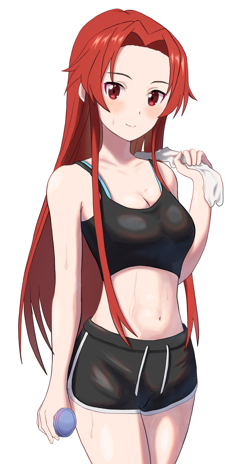 1girl absurdres bare_arms black_shorts black_sports_bra breasts commission dolphin_shorts forehead highres holding holding_towel light_blush looking_at_viewer medium_breasts meibin navel red_eyes red_hair second-party_source shorts skeb_commission smile solo sports_bra sweat sword_art_online sword_art_online:_alicization tiese_schtrinen towel white_background