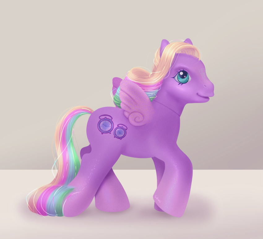 blue_eyes cutie_mark equid equine fan_character feathered_wings feathers female feral glitter hair hasbro hi_res hooves horse mammal mlp_g3 multicolored_hair multicolored_tail my_little_pony pegasus pony prick_ears purple_body purple_wings rainbow_hair rainbow_tail sidruni small_wings smile snout solo style_parody tail wings wistful_(sidruni)