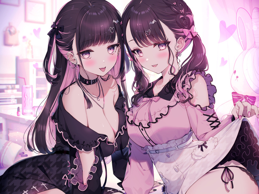 2girls :d arm_support bat_hair_ornament black_hair black_nails blunt_bangs bow bowtie breasts buttons choker cleavage clothes_lift collared_shirt cross cross_earrings ear_piercing earrings fingernails frilled_skirt frills hair_bow hair_ornament heart heart_earrings heart_hair_ornament heart_necklace highres indoors jewelry jirai_kei kat_(bu-kunn) lace-trimmed_panties lace_trim large_breasts long_sleeves looking_at_viewer multicolored_hair multiple_girls nail_polish necklace non-web_source off_shoulder open_clothes open_mouth open_shirt original panties piercing pink_hair pink_nails purple_eyes red_bow red_bowtie shirt side-tie_panties sidelocks sitting skirt skirt_lift smile string_panties stuffed_animal stuffed_rabbit stuffed_toy teeth tongue tongue_out twintails two-tone_hair two_side_up underwear upper_teeth_only