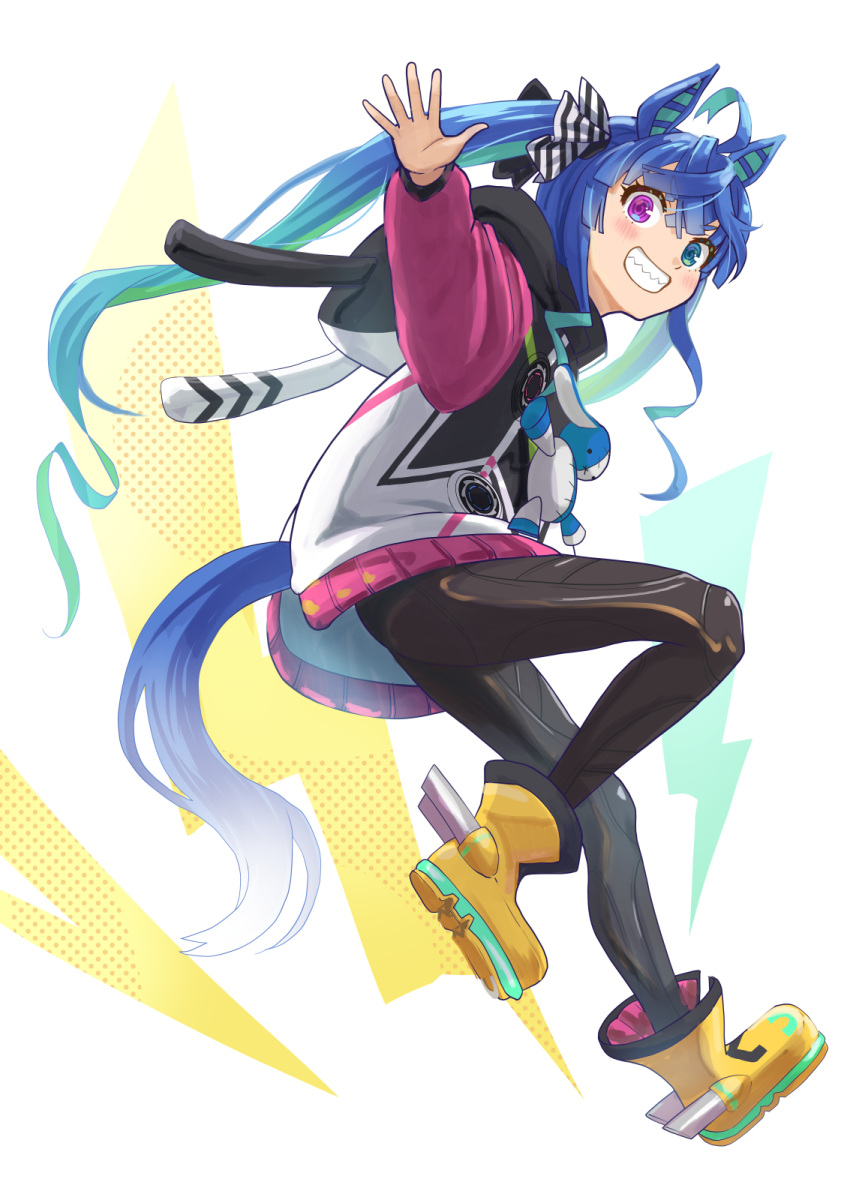 1girl ahoge animal_ears animal_hood ankle_boots aqua_hair black_bodysuit black_ribbon blue_eyes blue_hair bodysuit boots commentary floating from_side grin hair_ribbon haniwa_(leaf_garden) heterochromia highres hood hood_down hooded_coat horse_ears horse_girl horse_tail leg_up lightning_bolt_symbol long_hair long_sleeves looking_at_viewer messy_hair multicolored_coat multicolored_hair open_mouth outstretched_arms purple_eyes rabbit_hood ribbon sharp_teeth sidelocks smile solo spread_arms stuffed_animal stuffed_rabbit stuffed_toy tail teeth twin_turbo_(umamusume) twintails two-tone_hair umamusume very_long_hair yellow_footwear