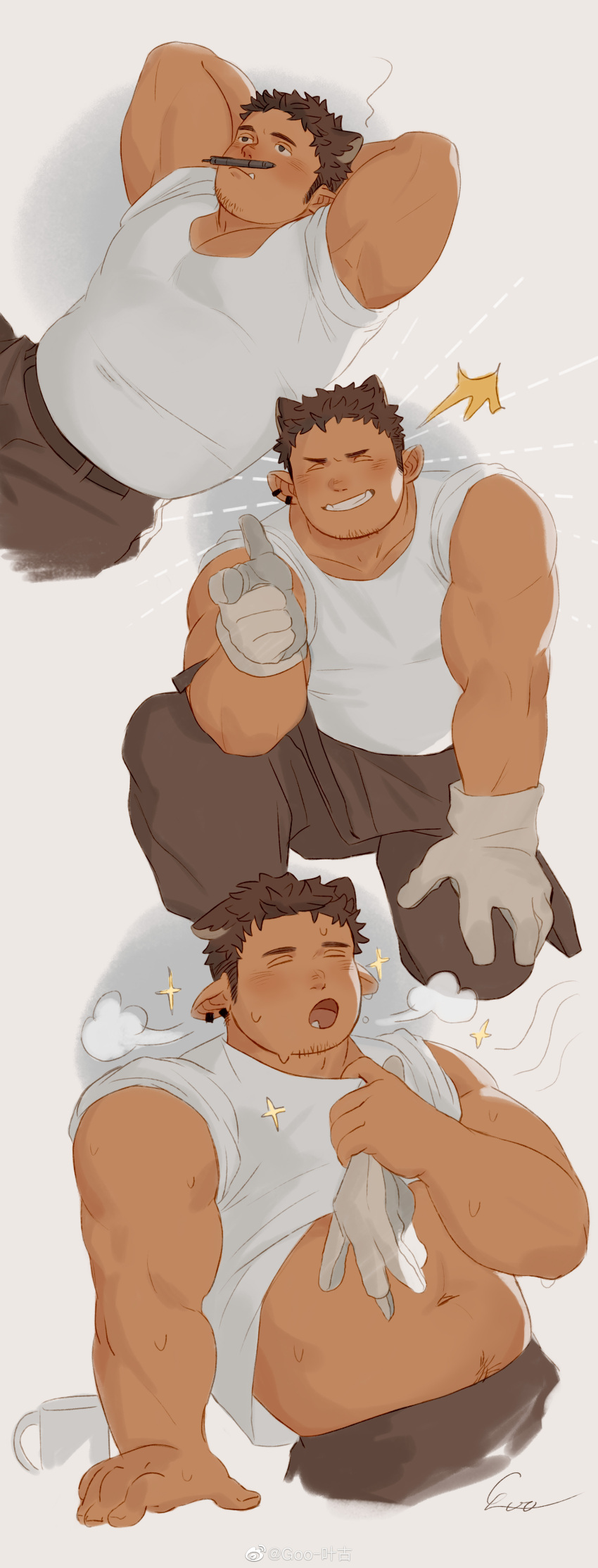 1boy absurdres animal_ears bara blush brown_hair cat_ears clothes_lift collage cropped_legs cup dark-skinned_male dark_skin earrings fang fang_out gloves goatee_stubble goo_(koushishikou11) grin highres hot jewelry large_hands lifted_by_self male_focus mug multiple_views muscular muscular_male navel on_nose original pectoral_cleavage pectorals pencil plump shirt shirt_lift short_hair smile sparkling_sweat sparse_navel_hair sweat thick_eyebrows tied_sleeves very_sweaty white_gloves white_shirt