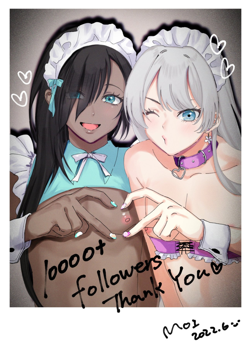 2boys aqua_bow aqua_eyes artist_name bandeau bare_shoulders black_hair blue_eyes border bow bowtie collarbone collared_shirt crossdressing cutiendirty dated earrings eyelashes frilled_hairband frilled_sleeves frills grey_hair hair_over_one_eye hairband heart heart_hands heart_hands_duo highres jewelry maid_headdress male_focus multiple_boys nipple_slip nipples one_eye_closed open_mouth original parted_bangs purple_bandeau shirt shrug_(clothing) sleeve_cuffs strapless swept_bangs tube_top upper_body white_border white_bow white_bowtie