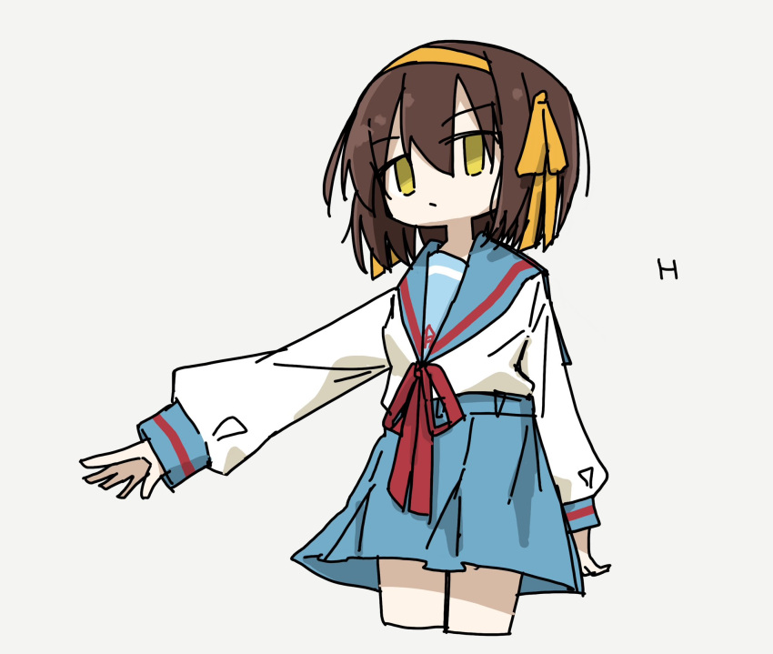 1girl arm_at_side bad_link blue_dress blue_skirt bow brown_hair dress green_eyes hair_between_eyes highres kita_high_school_uniform long_sleeves looking_at_viewer outstretched_arm red_bow red_ribbon ribbon sailor_collar school_uniform skirt suzumiya_haruhi suzumiya_haruhi_no_yuuutsu white_background yellow_bow