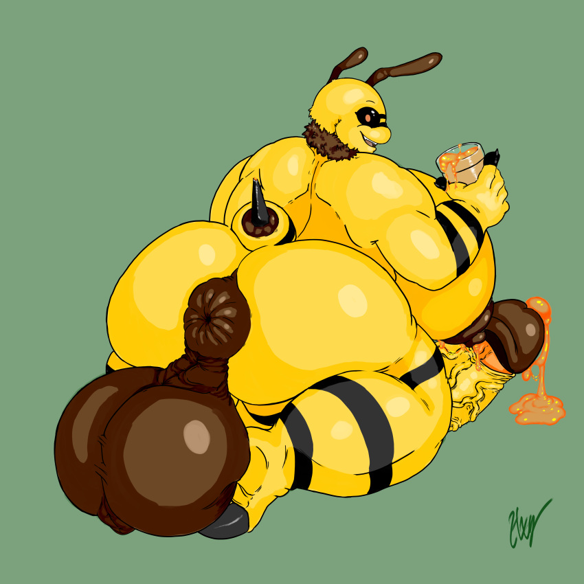 absurd_res anthro anus areola arthropod balls balls_on_feet bee big_balls big_breasts big_butt big_penis black_sclera blacklistdragon bodily_fluids breasts butt cel_shading chubby_gynomorph circumcised container cum digital_drawing_(artwork) digital_media_(artwork) flavored_cum food genital_fluids genitals glowing glowing_eyes gynomorph hi_res honey_(food) honey_cum huge_aerola huge_balls huge_breasts huge_butt huge_penis hymenopteran hyper hyper_balls hyper_breasts hyper_genitalia hyper_penis insect intersex jar kisel_(blacklist_dragon) lactating lactating_honey looking_at_viewer neck_tuft penis puffy_anus puffy_areola shaded simple_background simple_shading smile smiling_at_viewer solo solo_focus stinger tuft unusual_bodily_fluids unusual_cum unusual_genital_fluids vein veiny_penis yellow_body yellow_skin