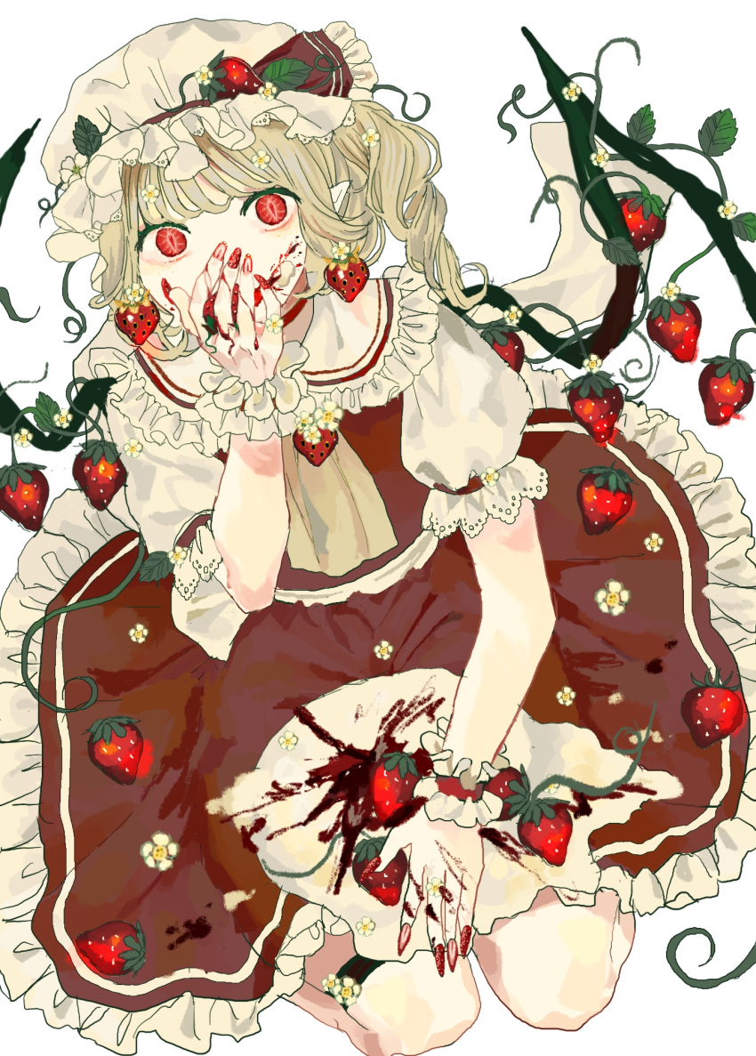 1girl ascot blonde_hair collared_shirt cream earrings eating fingernails flandre_scarlet food food-themed_earrings food_on_face frilled_shirt_collar frilled_skirt frills fruit fruit_juice full_body hand_up hat hat_ribbon highres jewelry leaf looking_at_viewer medium_hair mob_cap nail_polish pointy_ears puffy_short_sleeves puffy_sleeves red_eyes red_nails red_ribbon red_skirt red_vest ribbon shirt shiwaiji short_sleeves side_ponytail simple_background skirt skirt_set slit_pupils solo strawberry strawberry_earrings strawberry_hat_ornament touhou vest white_background white_headwear white_shirt wings wrist_cuffs yellow_ascot
