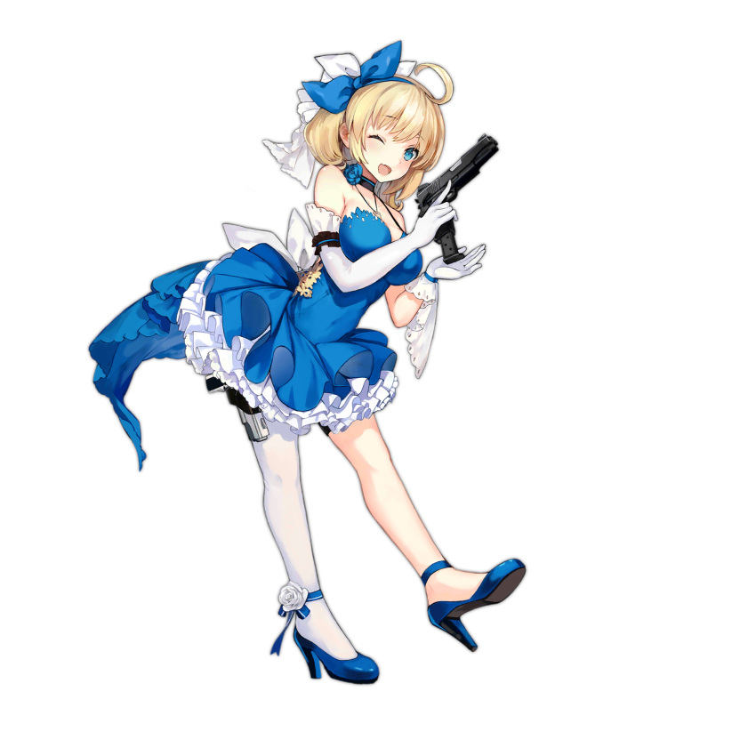 1girl ahoge ankle_flower asymmetrical_gloves bare_shoulders black_choker blonde_hair blue_dress blue_eyes blue_footwear blue_hairband breasts choker cleavage dress elbow_gloves flower full_body girls'_frontline gloves gun hairband handgun high_heels highres holding holding_gun holding_weapon holster jewelry large_breasts looking_at_viewer m1911 m1911_(breaker_of_the_sky)_(girls'_frontline) m1911_(girls'_frontline) magazine_(weapon) neck_flower necklace official_alternate_costume official_art one_eye_closed open_mouth reloading revision short_hair simple_background single_elbow_glove single_thighhigh smile solo spirtie standing standing_on_one_leg thigh_holster thighhighs transparent_background trigger_discipline weapon white_flower white_gloves white_thighhighs
