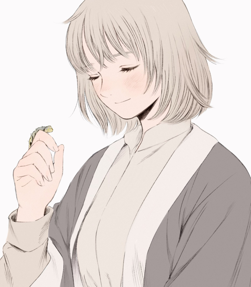 1girl animal animal_on_hand blush bug caterpillar closed_eyes closed_mouth dungeon_meshi falin_thorden frs2 grey_hair grey_jacket hand_up highres jacket long_sleeves short_hair simple_background smile upper_body white_background