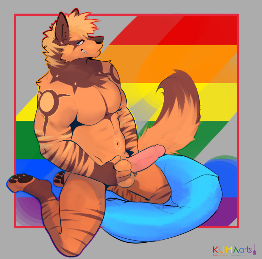 anthro hi_res hyena kumalowner lgbt_pride male mammal masturbation pride_color_background pride_color_flag pride_colors ronnoyeen simple_background solo